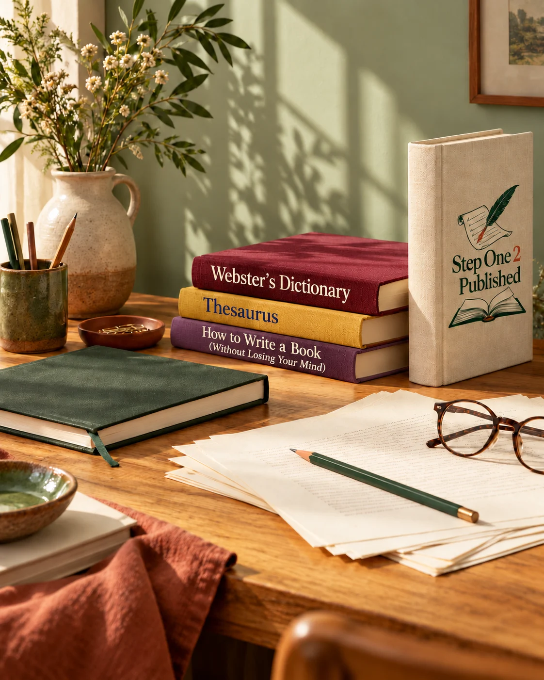 A sunlit writing desk with Webster’s Dictionary, a thesaurus, a humorous writing guide, and a Step One 2 Published book